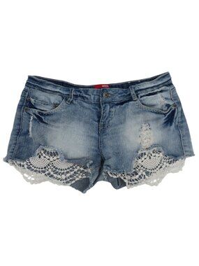 Bongo Juniors 11 Blue Denim Jean Shorts Distressed Raw Hem Crochet Lace Pockets